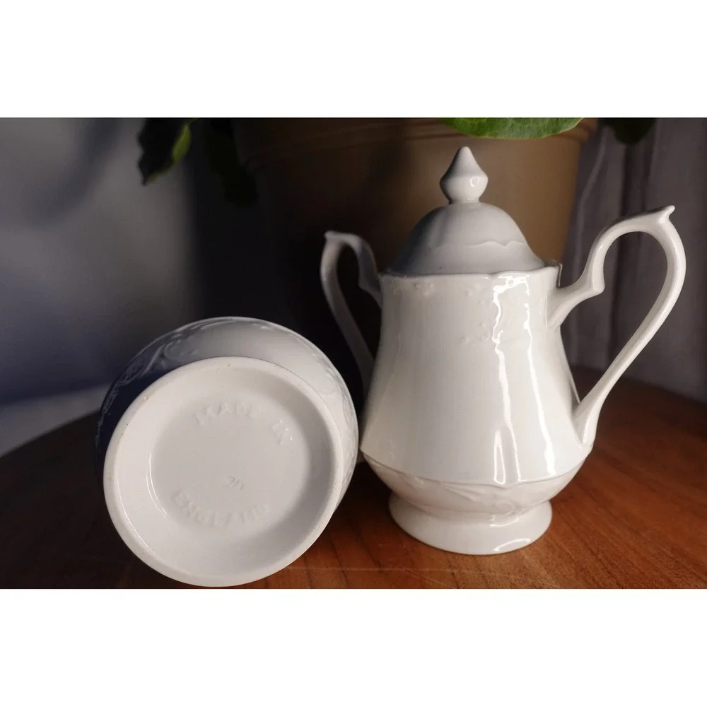 Vintage Creamer and Sugar Bowl Set Made in England‎ Embossed Porcelain